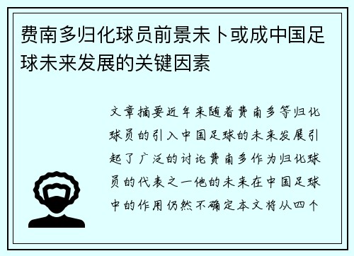 费南多归化球员前景未卜或成中国足球未来发展的关键因素 费南多归化球员前景未卜或成中国足球未来发展的关键因素